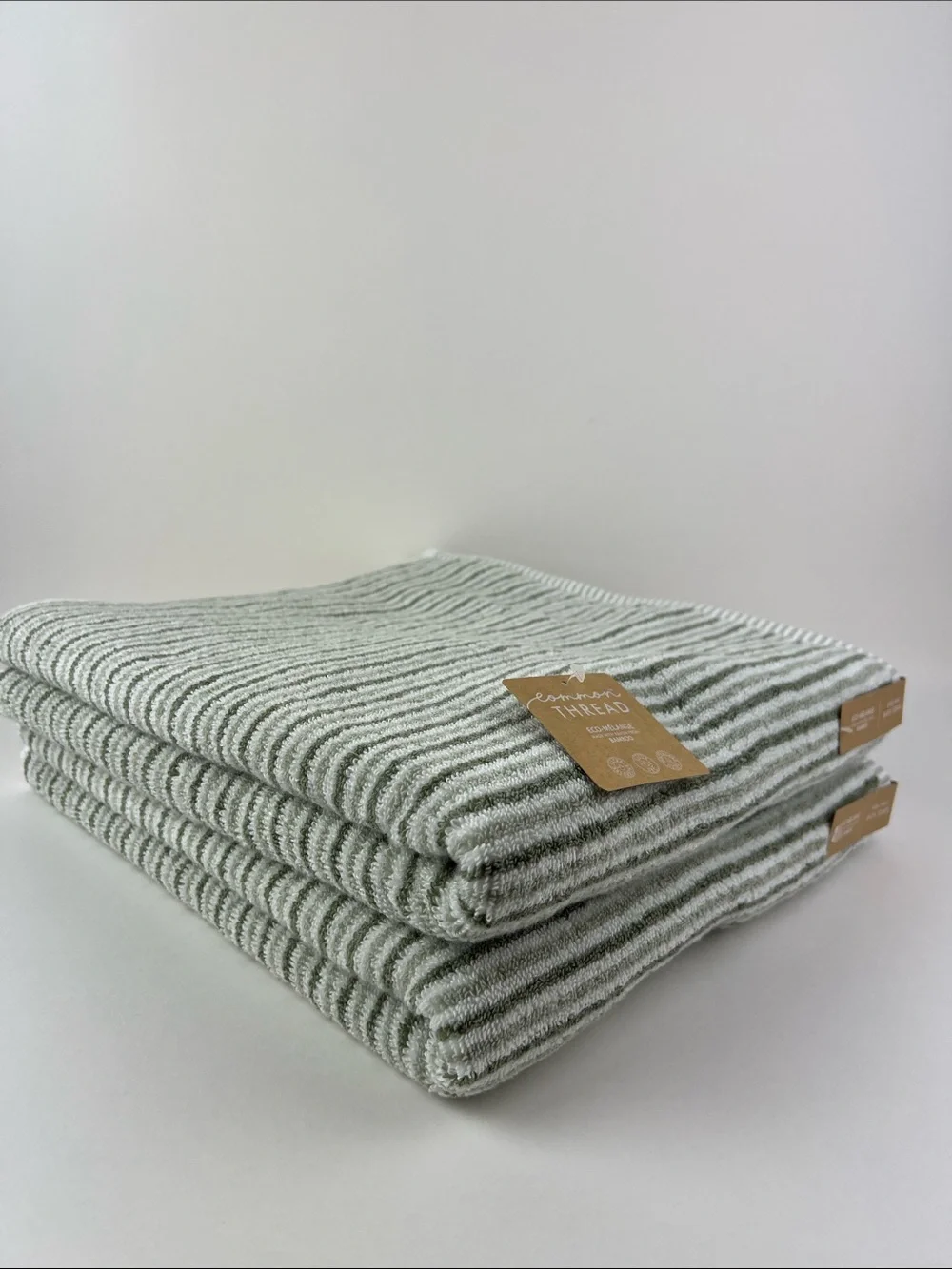 Common Thread Bamboo Bath Towels Eco-Melange Green White Stripe 2 Pc NEW